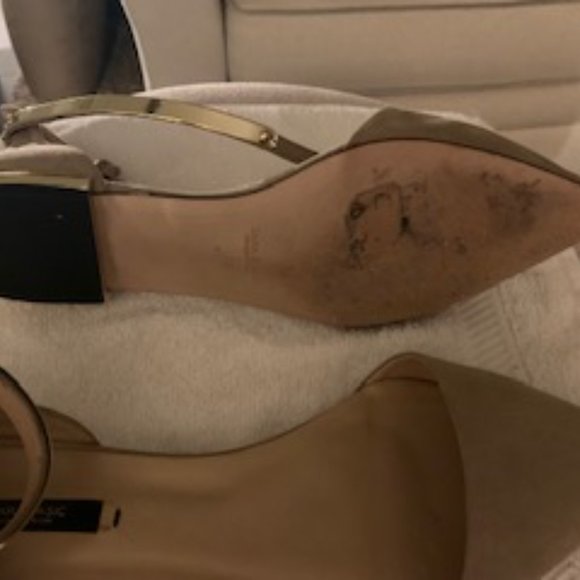 Light taupe suede pointed toe flats with gold ankle strap and heel - Picture 5 of 6